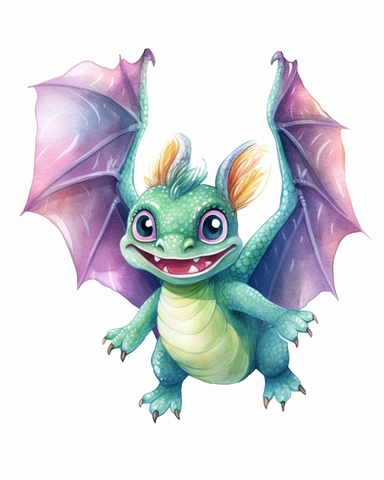 watercolor baby dragon flying clipart multicolor high detail