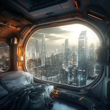 movie clip scene , photographic high definition render, cold blinding shinny white winter light god rays shadows shimmering closeup detail concept art detailed painting with giant spaceship window of a cool industrial living quarters spaceship , huge over window with gorgeous galactic view, happy blade runner android, cool airvehicle cockpit, living bedroom office, droid parts in shinny clothes sitting on a fresco concrete wall, cool sci-fi vehicle utilitarian, weapons and energy guns room, 1970