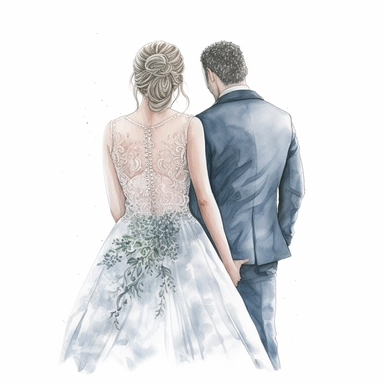 Watercolour of a bride and groom from behind , Clipart,Cartoon,hyper realistic, intricate detail, illustration style,high resolution, isolated on a white background
