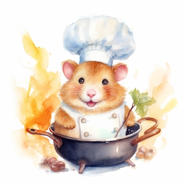 watercolor clipart, A cute, chubby hamster wearing a chef's hat is cooking pancakes, white background, high solution