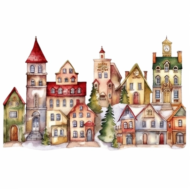 watercolor clipart of Christmas village, red green gold colors, isolated on white background