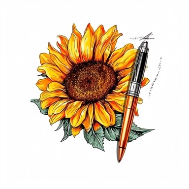 sunflower and pen letter drawn in watercolor, vector design, cutout,Sublimation Clipart ,Cartoon,hyper realistic, intricate detail, illustration style,high solution,on the white background