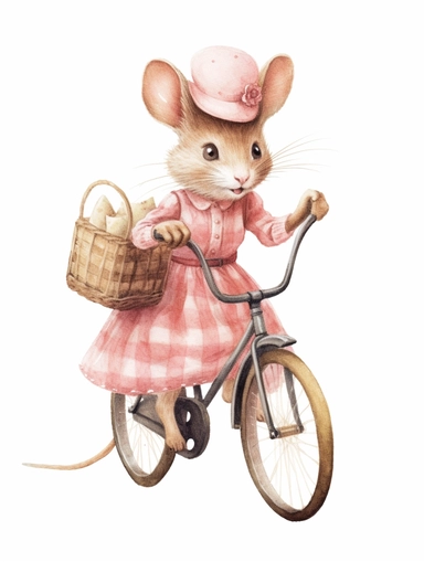Little pink female Mouse watercolor clipart, riding a vintage bicycle, white background