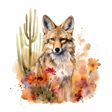 watercolor painting of a Coyote, clipart, watercolor clipart, watercolor splashes, illustration, artsy, desert, tumbleweed, desert flowers, warm colors, white background