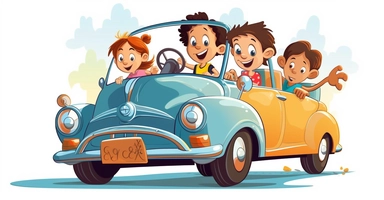 free kids cartoon car ride picture clipart, in the style of youthful protagonists, vibrant colorism, packed with hidden details, bold color choices, christine ellger, lyon school, children's book illustrations