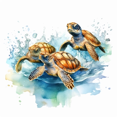 watercolour illustration free brushstrokes, beautiful and joyful, baby turtles swimming, mark brooks, naturecore, animal clipart, isolated on a white background