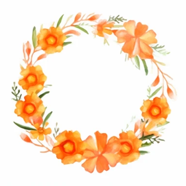 A hand painted one orange flower wreath clipart