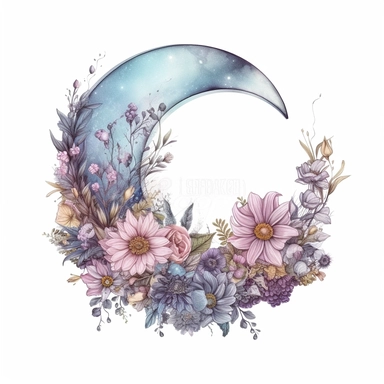 mystical small semi moon, embelishments, clouds, flowers blue purple, half tone, alchemical symbolism, hyper-realistic, magical and mystical, moon, circle, clipart, illustration, isolated on white background