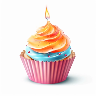 Delicious And Dreamy Gourmet Kid's Cupcake With A Birthday Candle, Pink, Orange And Blue, Clipart, HD, White Background