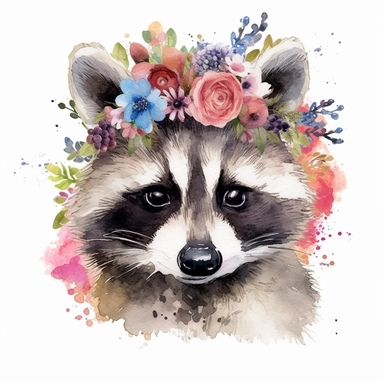 Nursery Print baby head raccoon flowers drawn in watercolor style, vector design, , Sublimation Clipart ,Cartoon,hyper realistic, intricate detail, illustration style,high solution,on the white background