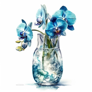beautiful vivid realistic watercolor blue orchids, elegant glass vase, illuminated with the sun’s rays, isolated white background, clipart, hd quality –c 30