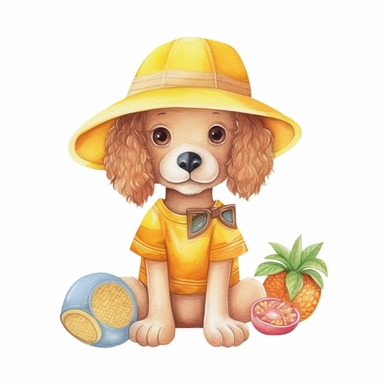 Summer cute cartoon dog dressed for summer, clipart, watercolor illustration for kid, white background