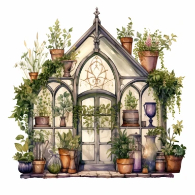 Herbology: Design a clipart showcasing a greenhouse filled with potted magical plants and herbs, perfect for potion-making or herbology lessons watercolor illustration white background graphic art vector design high details harry potter style
