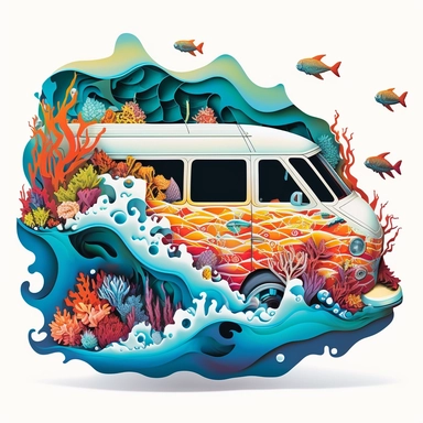 Craft a vibrant image of a van riding a wave, surfboards showcasing colorful patterns, with a majestic coral reef beneath the surface, set against a clean white backdrop, illustration style, white background, clipart, PNG pure white background, high resolution, hyper detailed, best quality, high detailed illustration