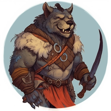 A circular tondo depicting a Dungeons & Dragons character grizzled vicious gnoll with kangaroo features, dressed as an armored Regency barbarian, Craig Mullins Ashley Wood Mike Allred Josh Kirby, Mad Max Lord of the Rings Discworld, handpainted punk zine indie retrowave, clipart illustration, circular solid background
