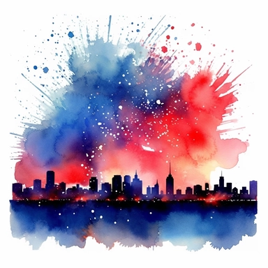 4th of July red white and blue Firework watercolor clipart, detailed, in the sky during nightime over a skyline, white background