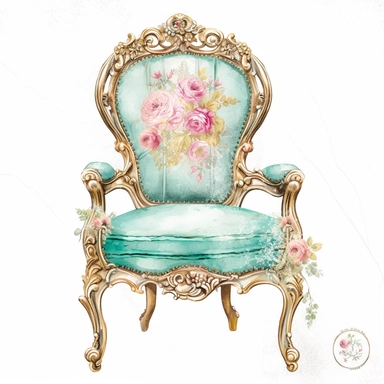 Make a clipart of a shabby chic, fairytale watercolor victorian breakfast chair, bright pastel colors of turquoise, green and pink, gold accents, rococo, black outlines, hd, white background