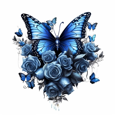 Dark fantasy blue roses butterfly Clipart, Cartoon, hyper realistic, intricate detail, illustration style, high resolution, on the white background