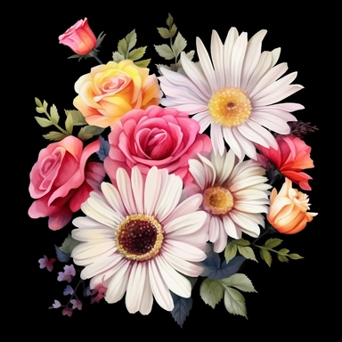 realistic watercolor arrangement of roses, daisies and gerberas, black background, soft lighting, clear outlines, clipart