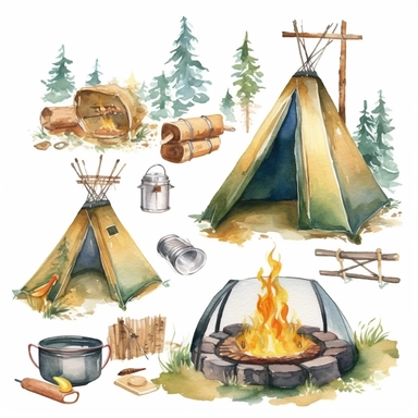 Watercolor summer camping Clipart , camping, tent, fire