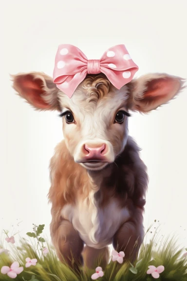 a baby cow with pink bow, clipart, white background