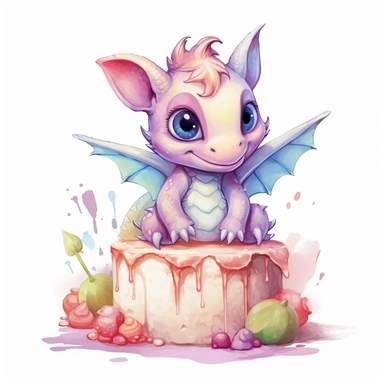 Cute happy Watercolor cake Baby Dragon Clipart, on a white background