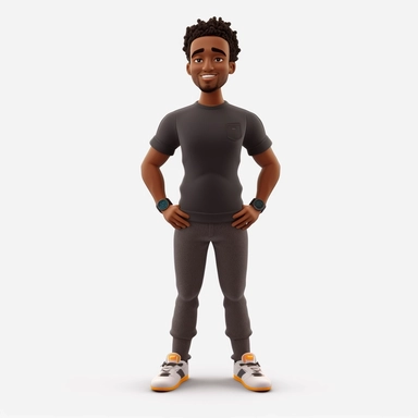 Front view of animated black man standing wearing t-shirt character design, full body, face drawing in top quality, high quality face drawing, clipart, full illustration, 4k, sharp focus, Soft skin, symmetrical, detailed face, concept art, storybook style, chibi kawaii. Octane rendering, 3D, perfect face, detailed face, delicate face, sharp lips. Perfect, detailed eyes