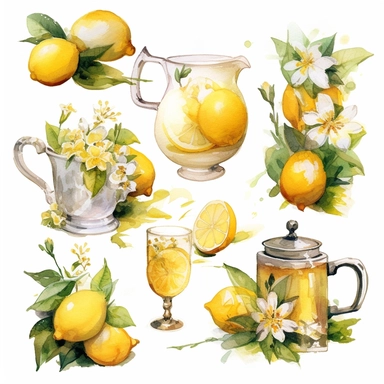 the clipart contains various items of lemon tea, in the style of ethereal watercolor washes, willem haenraets, birds & flowers, light gold and silver, elfriede lohse-wächtler, southern countryside, intricate, whimsical details Biological naturalist illust