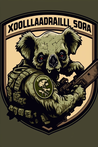 koala zombie logo design, badge military shoulder sleeve insignia, clip art, logo badge ripping the head off of a koala bear, super realistic, render by super computer