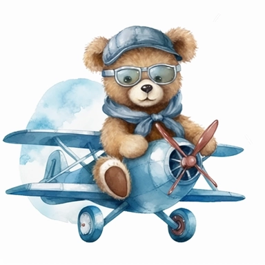watercolor cute tedy bear sitting on a blue watercolor plane clipart, teddy bear wears pilot glasses, white background, no comment, 8k
