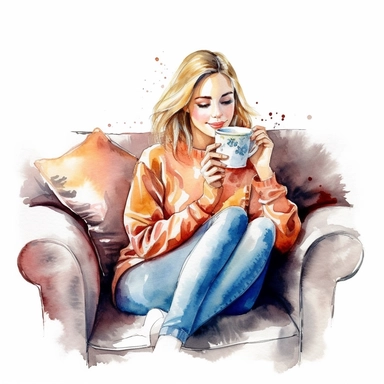 a lady drinking coffee in a cosy sofa, detailed, clean image, clipart on white background, watercolor, peaceful and happy mood, clean lineart