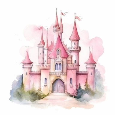 Princess castle clipart, watercolor princess pink fairy kingdom, white background