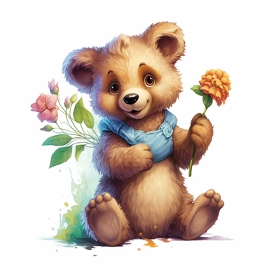 Cute Beautiful bear holding a flower Sublimation Clipart, Cartoon, hyper realistic, intricate detail, illustration style, high solution, on the white background