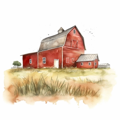 A watercolor painting of a farmhouse with a red barn and fields of crops, Watercolor clipart, isolated on white background