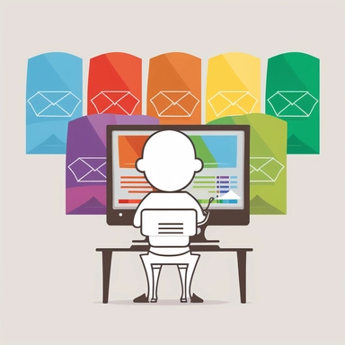 company clipart in only five colors of a man using a computer to send sales emails, realistic, minimalistic