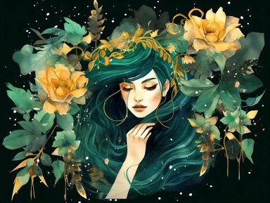 deep emerald gold watercolor Fisher with flowers plants clipart, golden metallic lines and some glitter, shining colors, dark background, 8k, high resolution