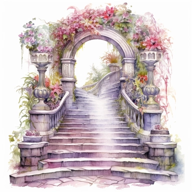 clipart, watercolor stair leading toward a waterfall, in the style of intricate, delicate flower and garden paintings, stone, rough clusters, dark white and light magenta, small brushstrokes, arched doorways, colorful gardens, white background