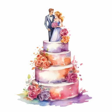 full perspective, watercolor three tier wedding cake clipart, add groom and bride figurines, vibrant colors, add flowers and glitter, on a white background