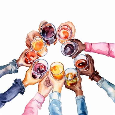 watercolor, Friends hands holding glasses and mugs with champagne, wine, beer, cocktail and tea, and cheers or drinking toast to friendship. png Full body realistic cartoon in 32K UHD cute. 15 cm thick outline. Black color. There was no shadow on the ground. 8k with realistic watercolors and detailed illustrations. PNG clipart, transparent white background