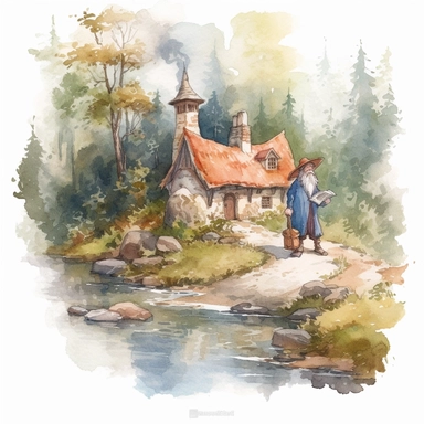 watercolour wizard animated clipart character, holding a book of spells, looking out ouver a river by a small stone cottage in a forrest clearing , set against a solid white background, ultra high definition, size 2048x2048