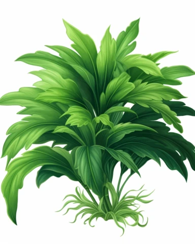 short green jungle plant, clipart illustration, photorealistic, oil paint, happy, beautiful, vibrant colors, cute, ultra detailed, on white background--no cut off