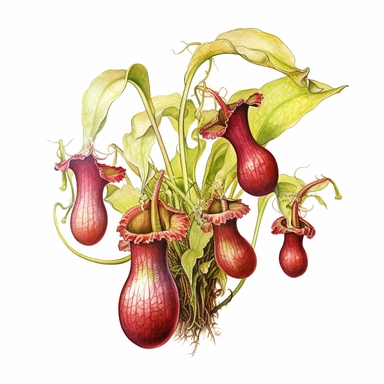 Clipart, vintage, watercolor, Nepepenthes Veitchii, Nepenthaceae, Carnivorous plant, botanical illustration, hand drawn, texture