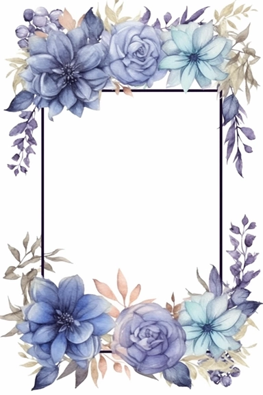 watercolor clipart of a empty suttle dainty floral rectangle frame surrounded by dusty blue color flowers. Capture the essence of blooming beauty and intricate details in your artwork, white background