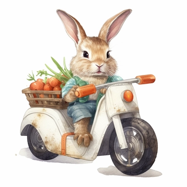 baby bunny driving motor bike, in basket there are some carrots, clipart, watercolor style, ultra hd detailed, high quality, white background, hyperrealistic, hyperrealism, hyperdetailed