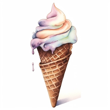 ice cream cone, pastel colors, light watercolor, few details, dreamy, Studio Ghibli, clipart, white background