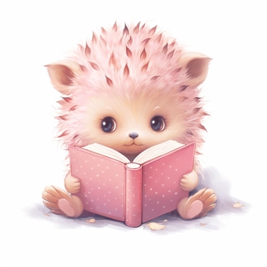 Watercolor svg clipart of a cute cartoon adorable baby hedgehog reading a book kawaii animal, illustration by chonnieartwork, pastel pink, png isolated on white background
