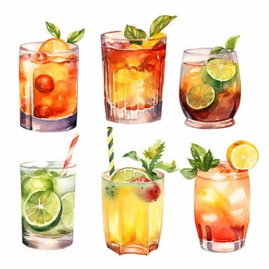 Alcohol cocktail collection. Watercolor illustration. Drinks clipart set on white background