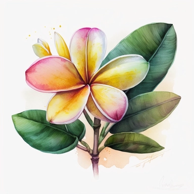 summer clipart of a plumeria flower with five leaves, in a vibrant watercolor style, with a white background