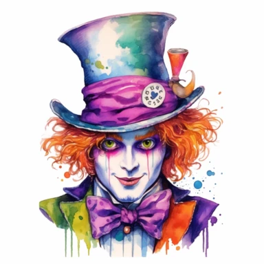 hand drawn mad hatter from Alice on wonderland, shades of lime, fuchsia, blue and orange, watercolor, clipart style, half body, white background with margins