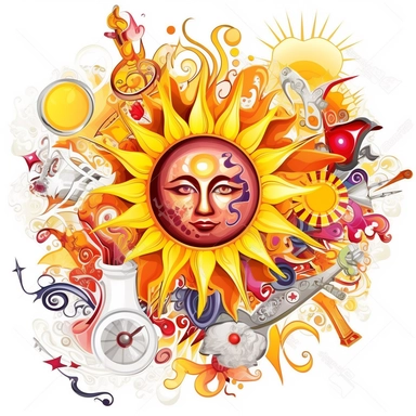 clipart, abstract illustration of the sun with a range of objects, colors, and attributes, white background, highly detailed